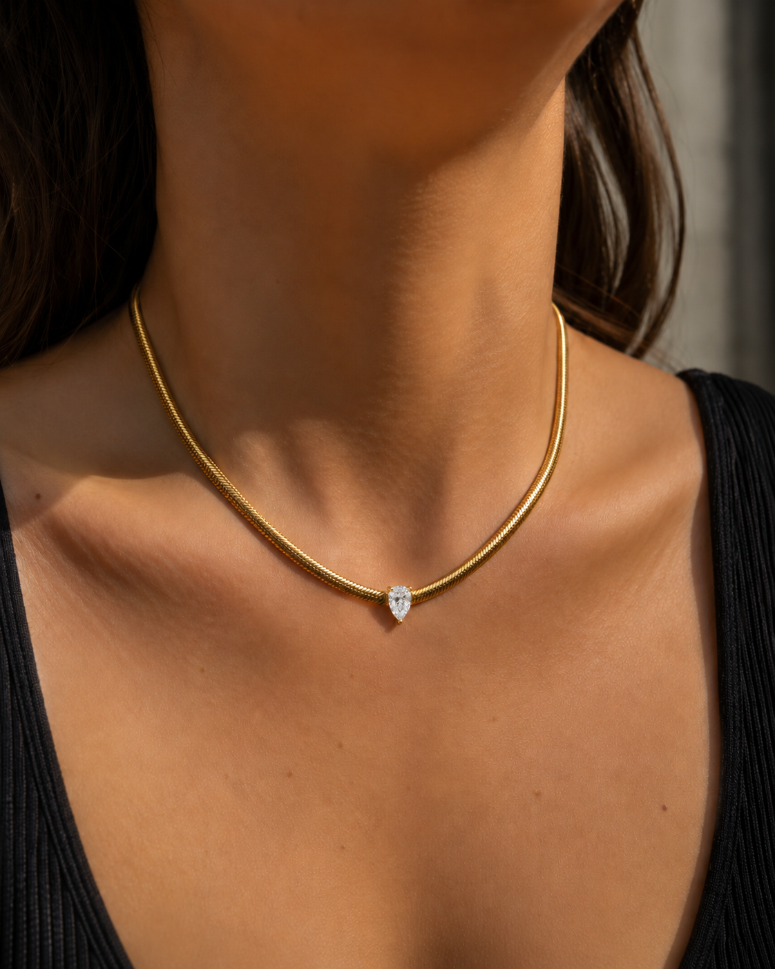 Pear Solitaire Snake Chain Necklace