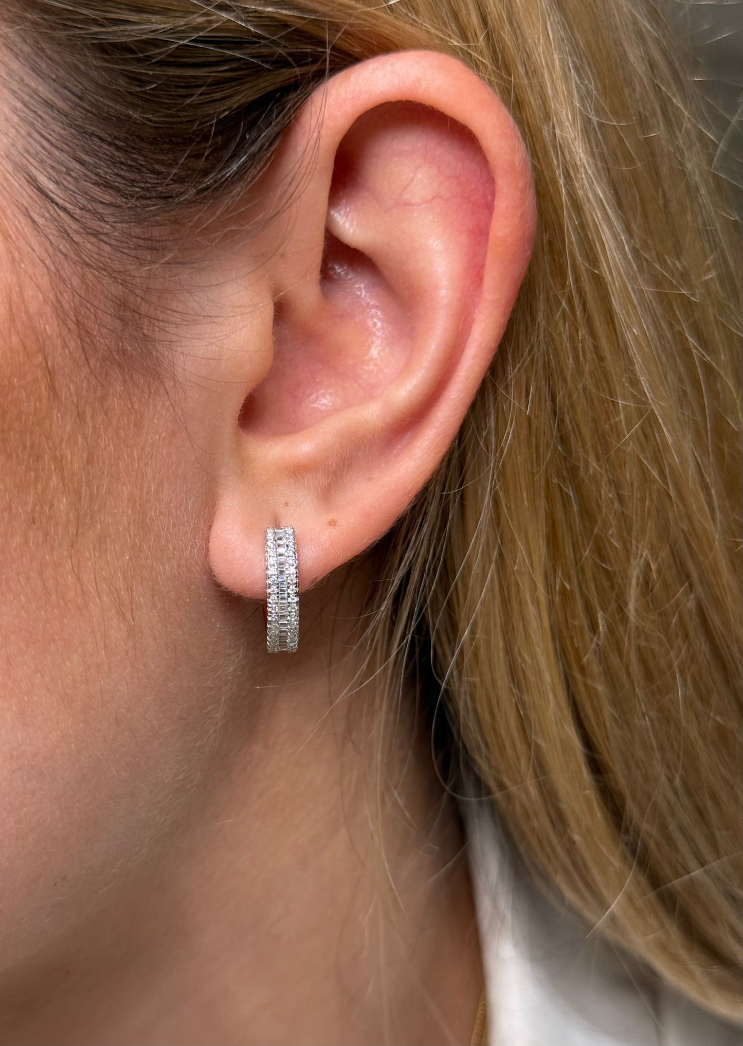 Triple Row Baguette & Round Cut Hoop Earrings
