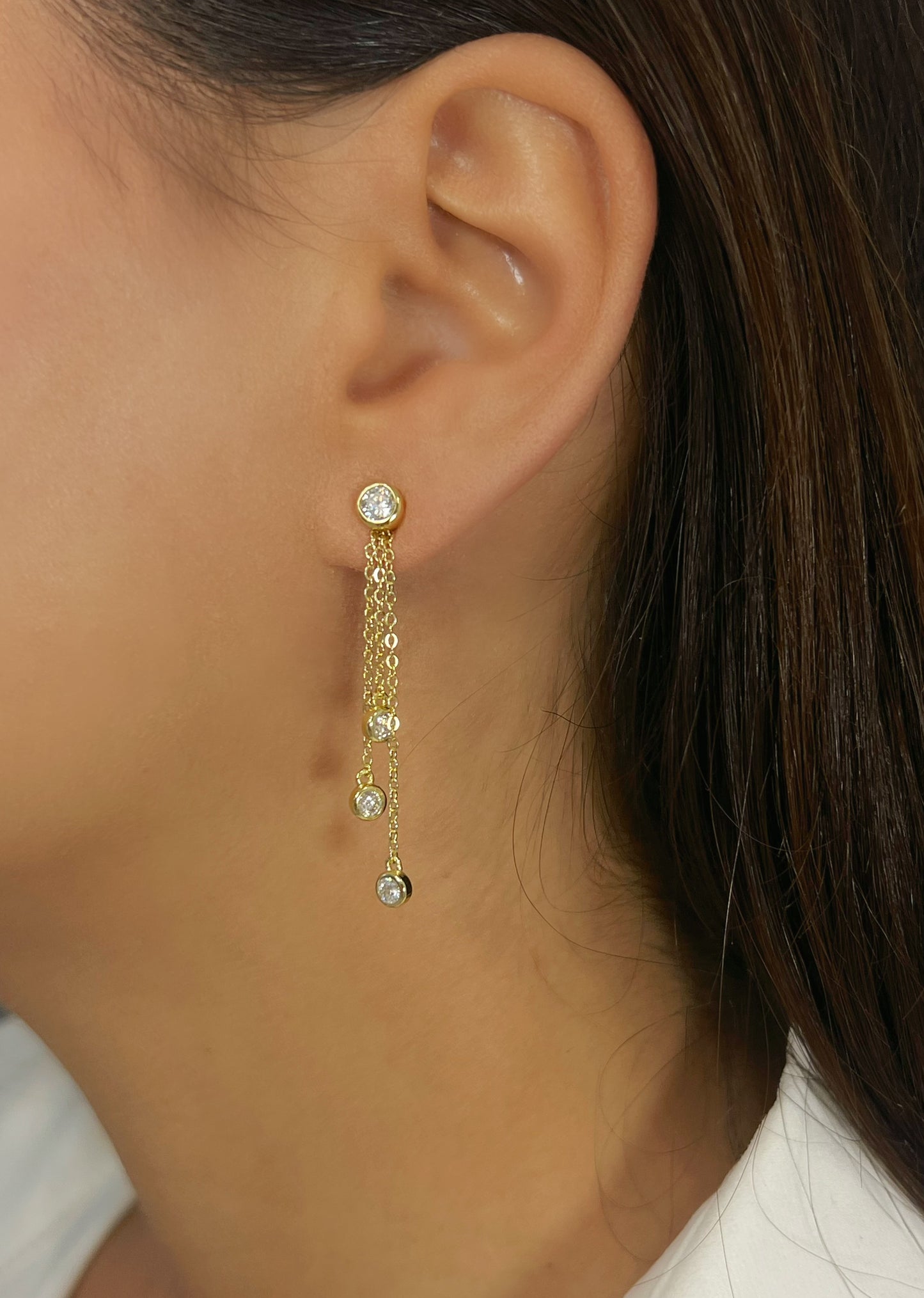 Bezel Set Chain Drop Earrings - 2 in 1