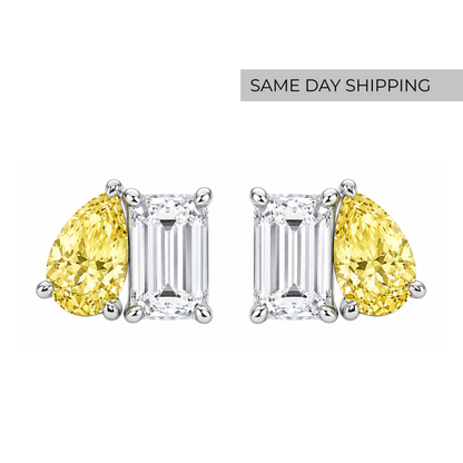 Fancy Yellow Toi et Moi Pear & Emerald Cut Stud Earrings