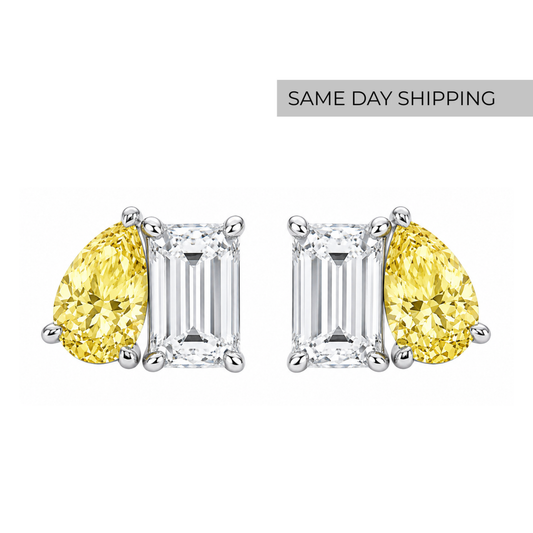 Fancy Yellow Toi et Moi Pear & Emerald Cut Stud Earrings