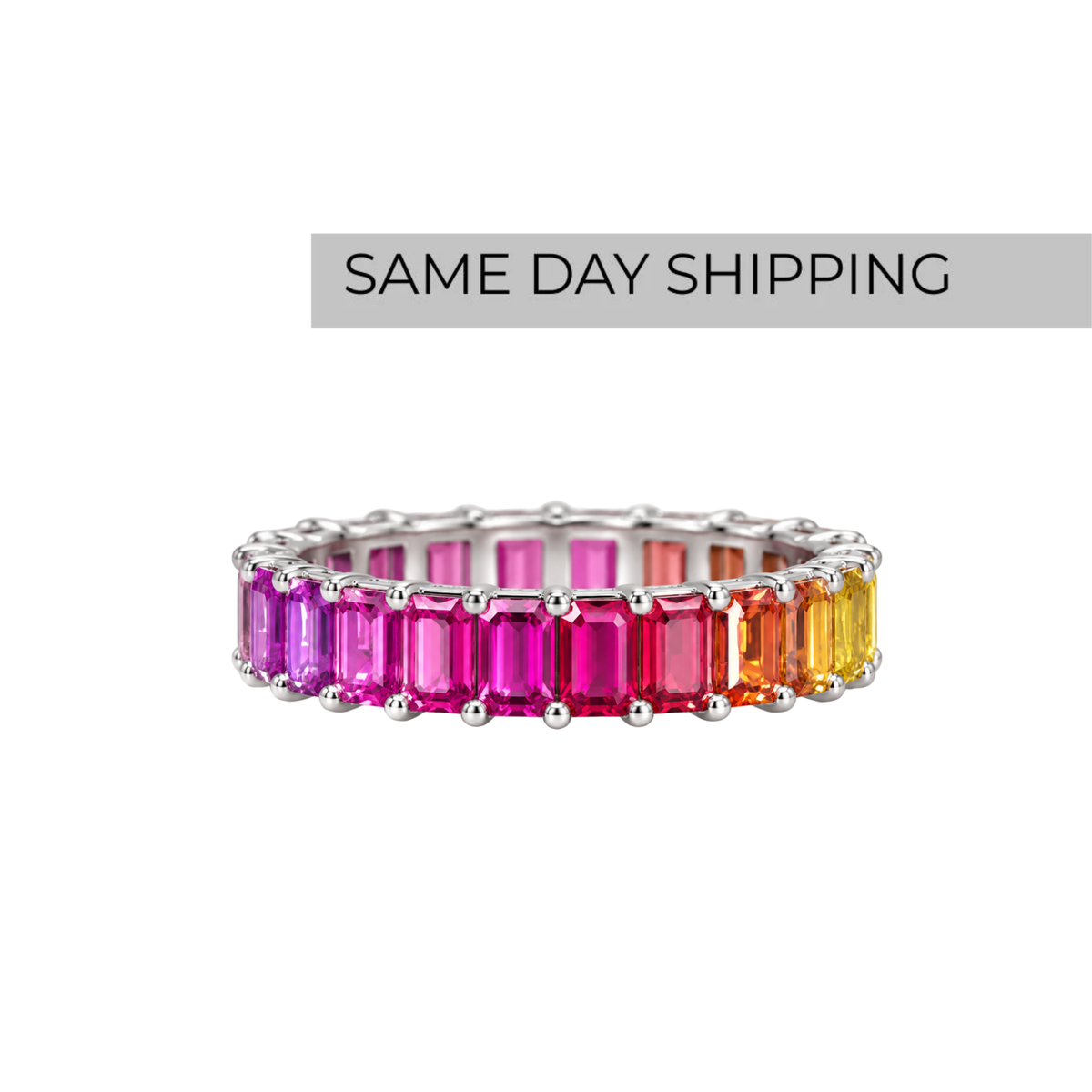 Rainbow Lab Sapphire Emerald Cut Eternity Band