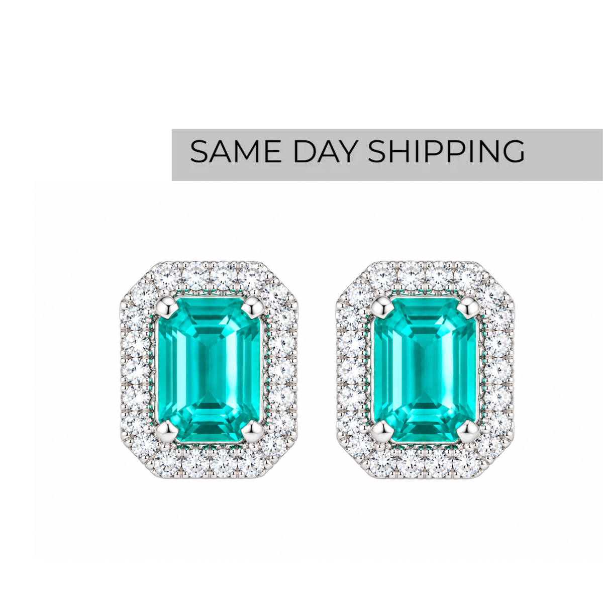 Paraiba Halo Stud Earrings - Emerald Cut