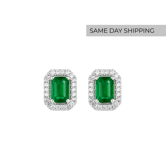 Emerald Halo Stud Earrings - Emerald Cut