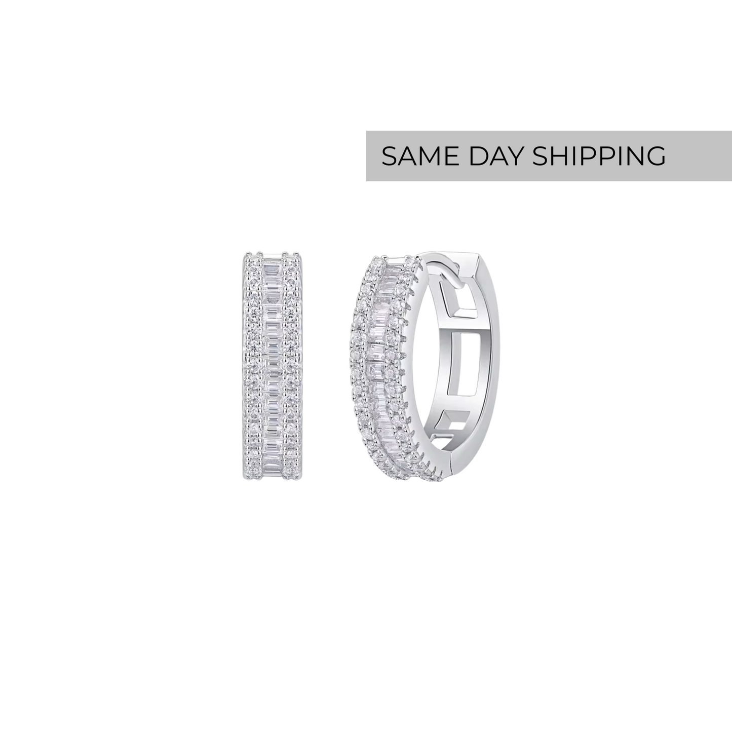 Triple Row Baguette & Round Cut Hoop Earrings