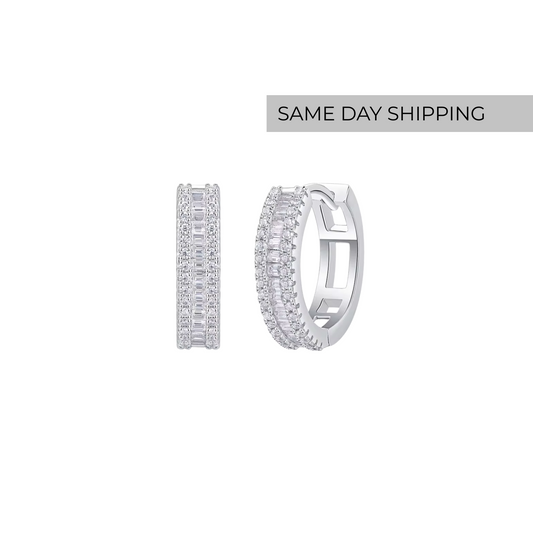 Triple Row Baguette & Round Cut Hoop Earrings