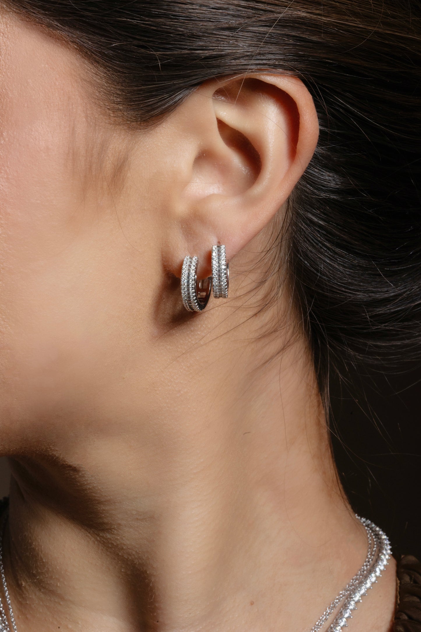 Triple Row Baguette & Round Cut Hoop Earrings