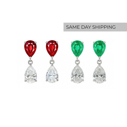 Pear Cut Emerald or Ruby Drop Earrings
