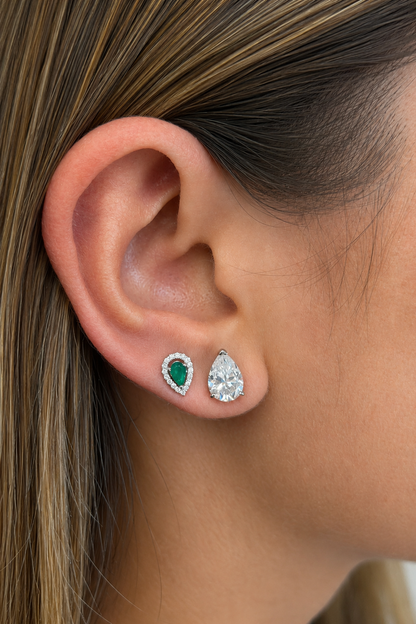 Emerald Halo Stud Earrings - Pear Cut