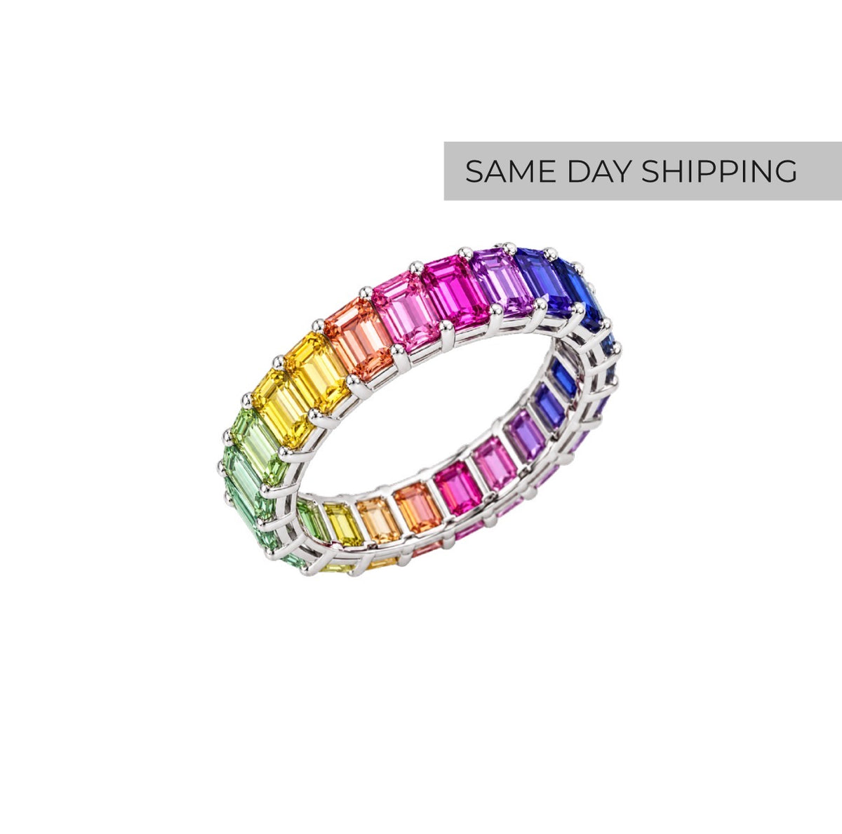 Rainbow Lab Sapphire Emerald Cut Eternity Band