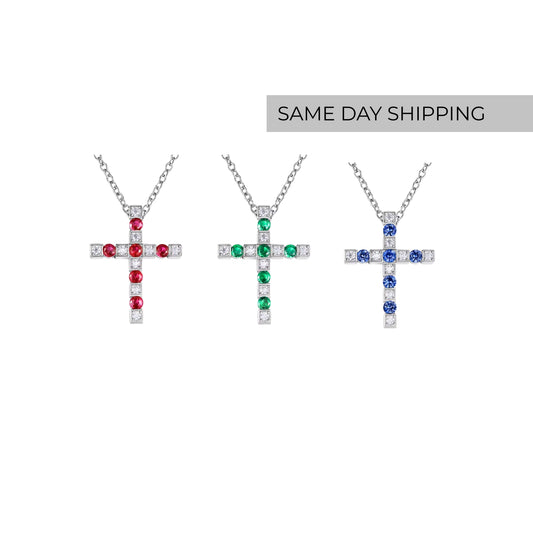 Emerald/ Ruby/ Sapphire Cross Necklace