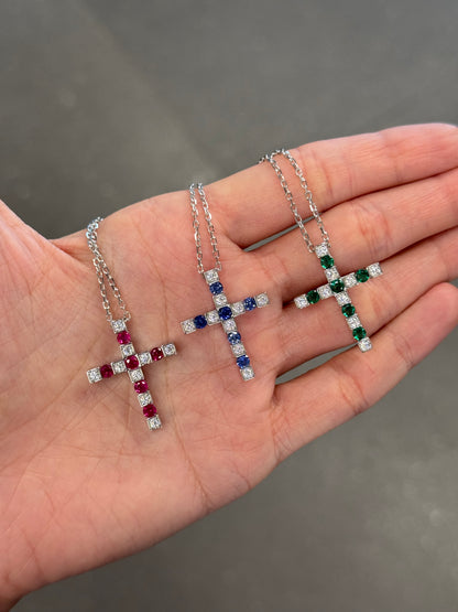 Emerald/ Ruby/ Sapphire Cross Necklace