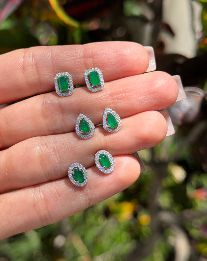 Emerald Halo Stud Earrings - Emerald Cut