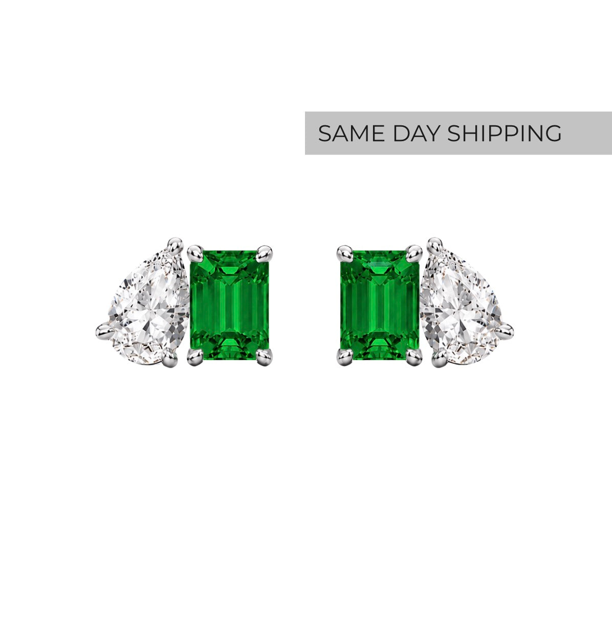 Emerald & Pear Cut Toi et Moi Stud Earrings