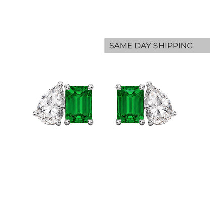 Emerald & Pear Cut Toi et Moi Stud Earrings