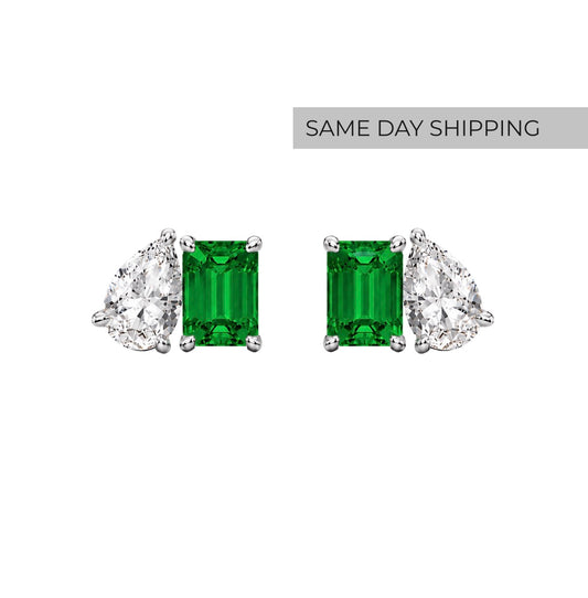 Emerald & Pear Cut Toi et Moi Stud Earrings