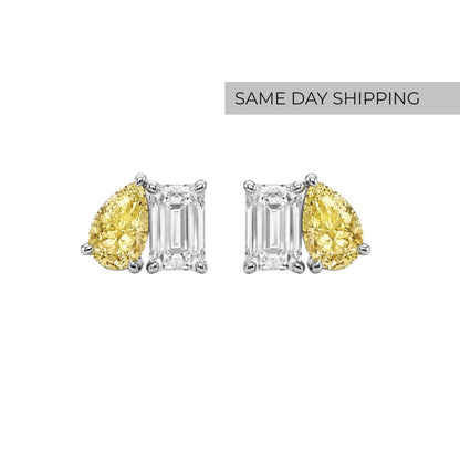 Fancy Yellow Toi et Moi Pear & Emerald Cut Stud Earrings