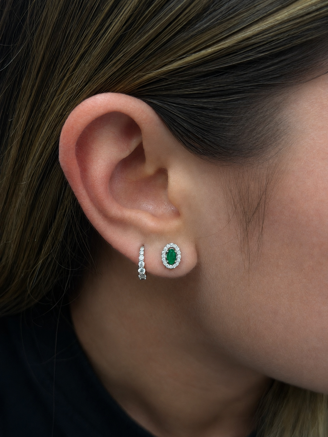 Emerald Halo Stud Earrings - Oval Cut