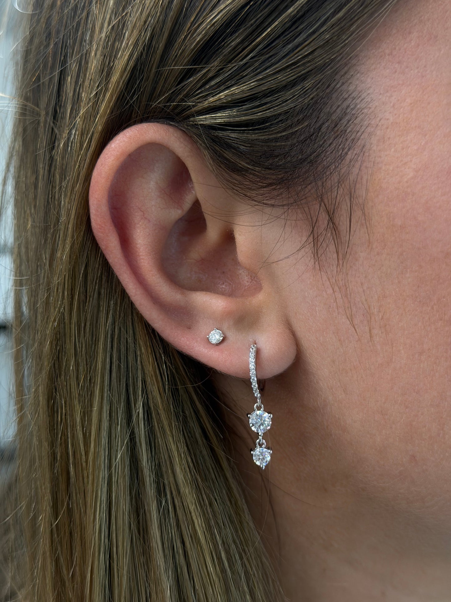 Dangle two stone hoop earrings