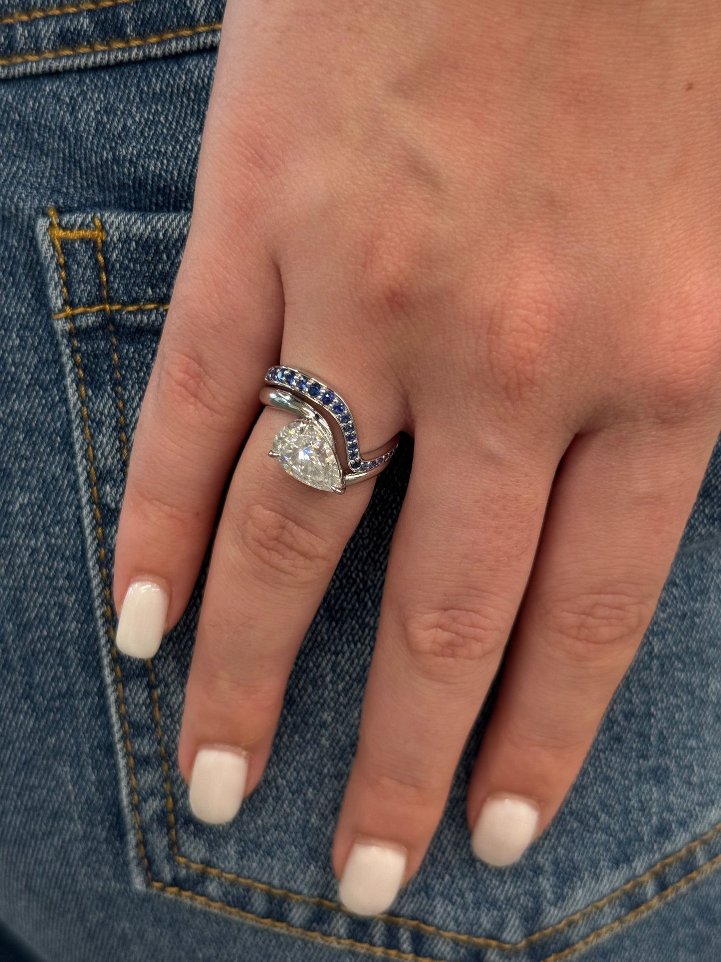 Pear Solitaire + Colored Stone Contour Band