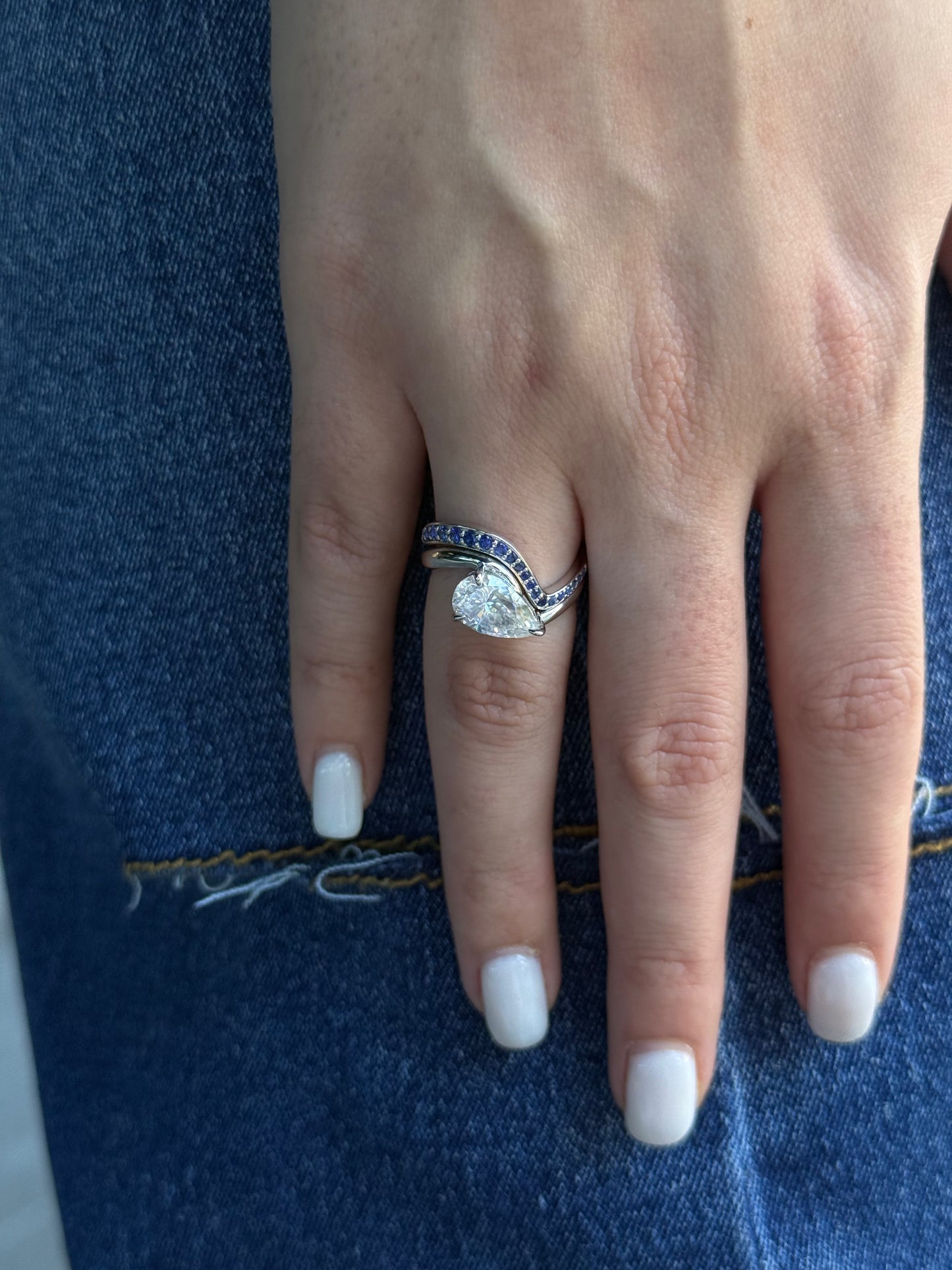 Pear Solitaire + Colored Stone Contour Band