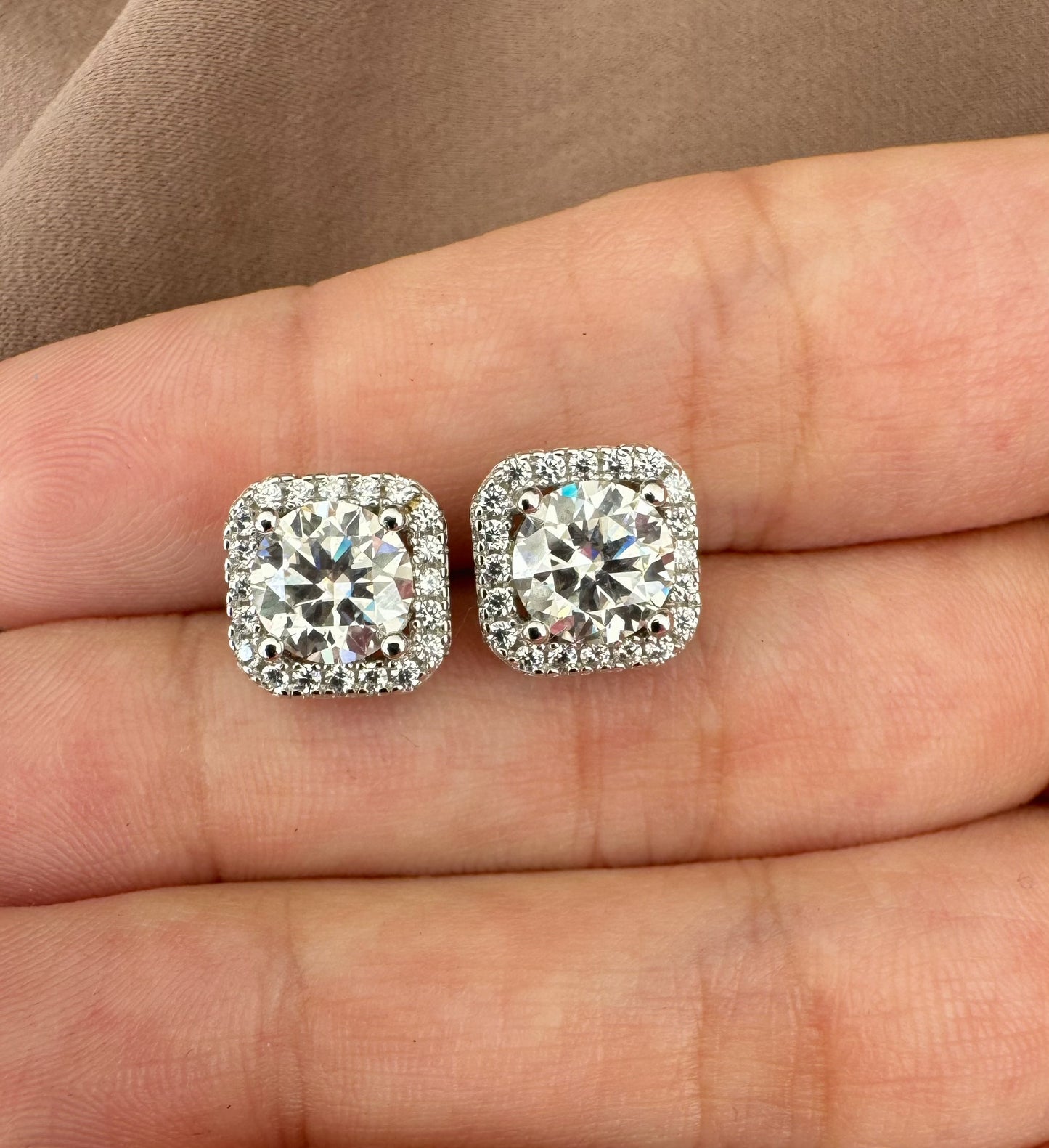 Cushion Halo Moissanite Stud Earrings