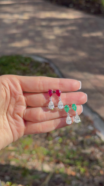 Pear Cut Emerald or Ruby Drop Earrings