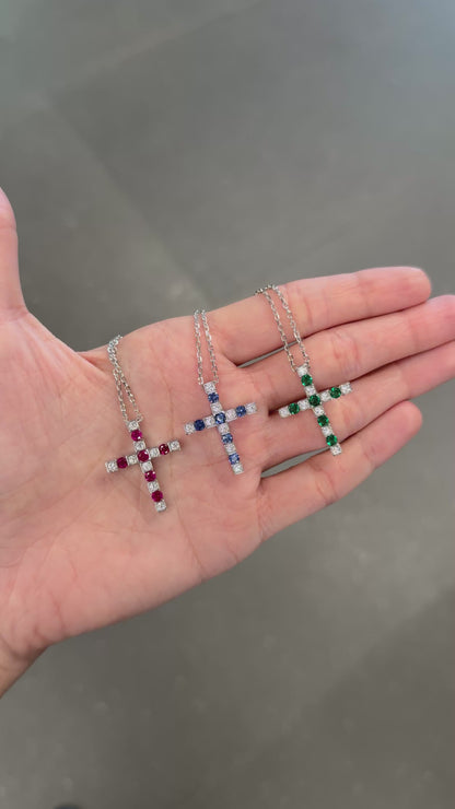 Emerald/ Ruby/ Sapphire Cross Necklace