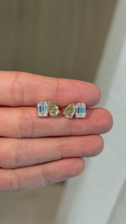 Fancy Yellow Toi et Moi Pear & Emerald Cut Stud Earrings