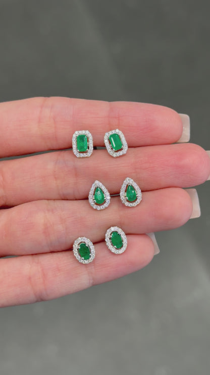 Emerald Halo Stud Earrings - Emerald Cut